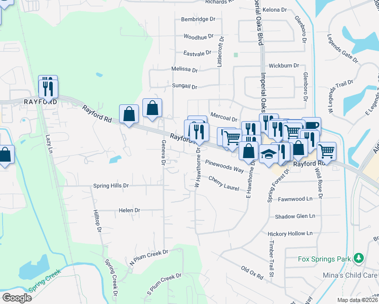 map of restaurants, bars, coffee shops, grocery stores, and more near 1702 Rayford Road in Spring