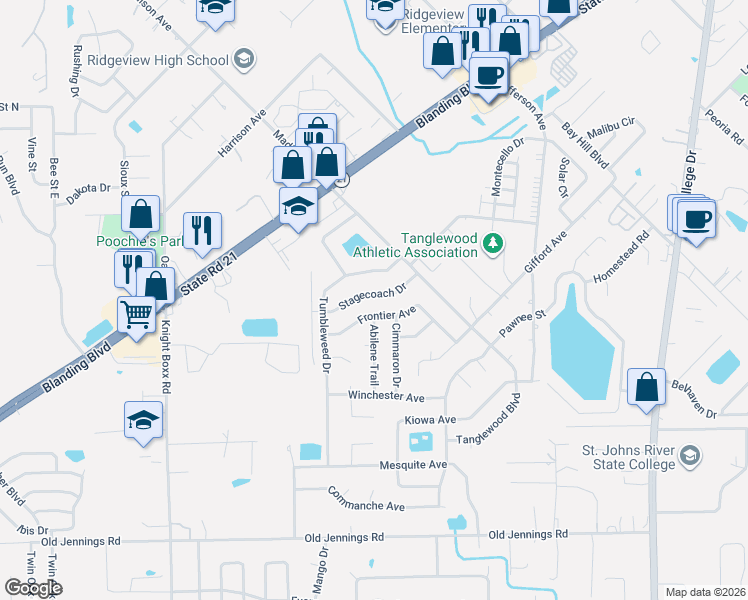 map of restaurants, bars, coffee shops, grocery stores, and more near 1161 Tumbleweed Drive in Orange Park