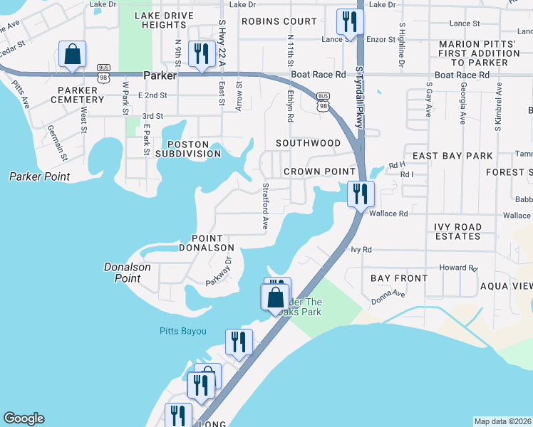 map of restaurants, bars, coffee shops, grocery stores, and more near Donalson Road in Parker