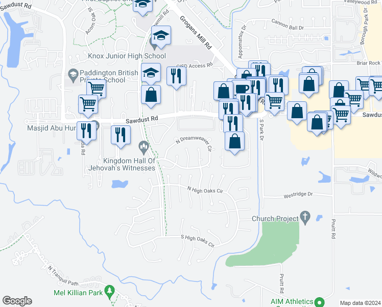 map of restaurants, bars, coffee shops, grocery stores, and more near 22 Evening Song Court in Spring