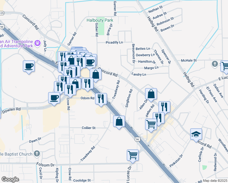 map of restaurants, bars, coffee shops, grocery stores, and more near 4455 Treadway Road in Beaumont