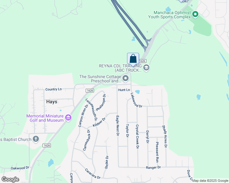 map of restaurants, bars, coffee shops, grocery stores, and more near 408 Hunt Lane in Buda