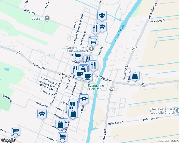 map of restaurants, bars, coffee shops, grocery stores, and more near 113 East Bridge Street in Saint Martinville