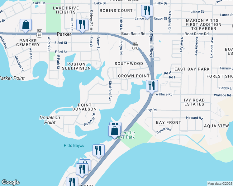 map of restaurants, bars, coffee shops, grocery stores, and more near 5007 Donalson Road in Panama City