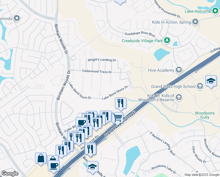 map of restaurants, bars, coffee shops, grocery stores, and more near 29654 Clover Shore Drive in Spring