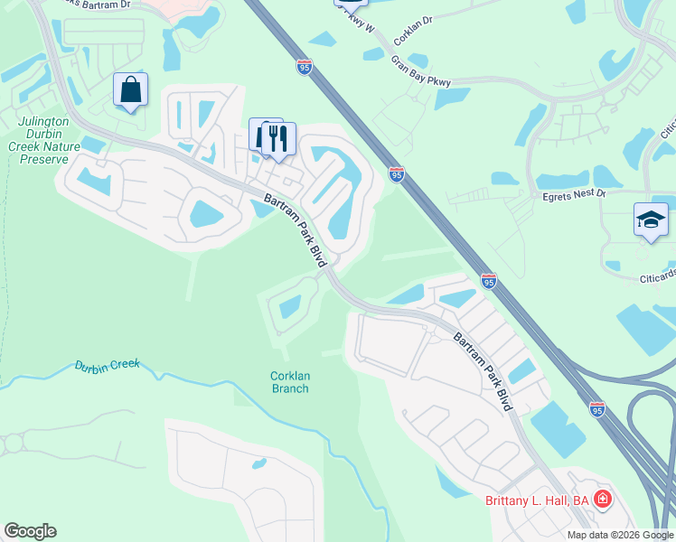 map of restaurants, bars, coffee shops, grocery stores, and more near 13551 Bartram Park Boulevard in Jacksonville