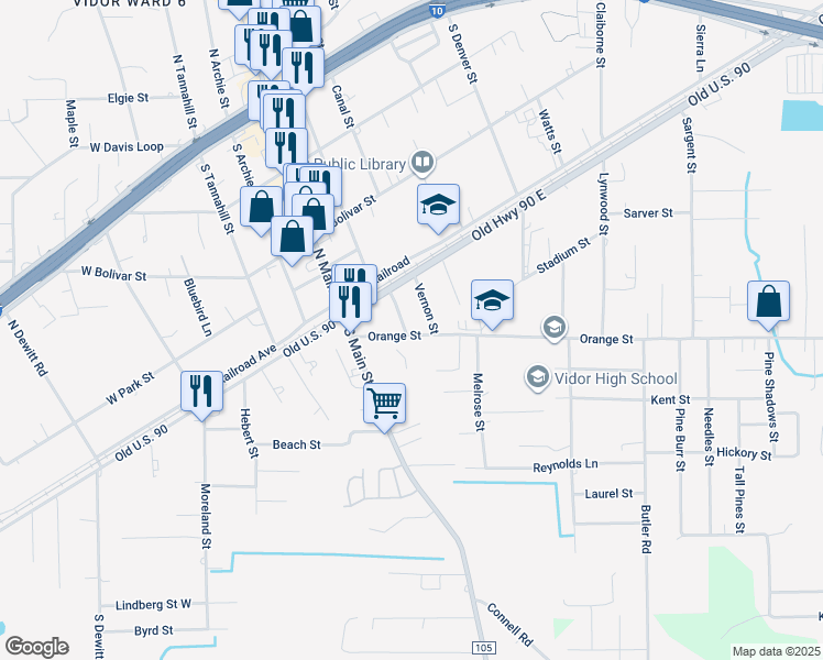 map of restaurants, bars, coffee shops, grocery stores, and more near 180 Vernon St in Vidor