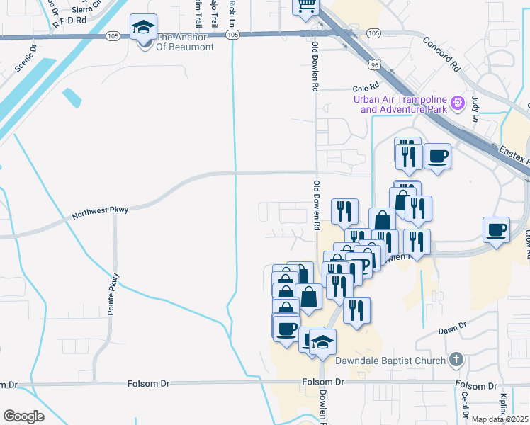 map of restaurants, bars, coffee shops, grocery stores, and more near 4075 Old Dowlen Road in Beaumont