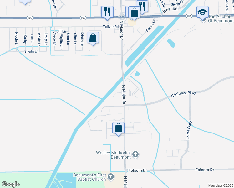 map of restaurants, bars, coffee shops, grocery stores, and more near 4579 North Major Drive in Beaumont