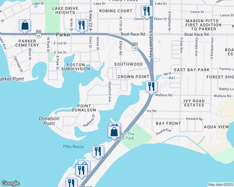map of restaurants, bars, coffee shops, grocery stores, and more near 5009 Donalson Road in Panama City