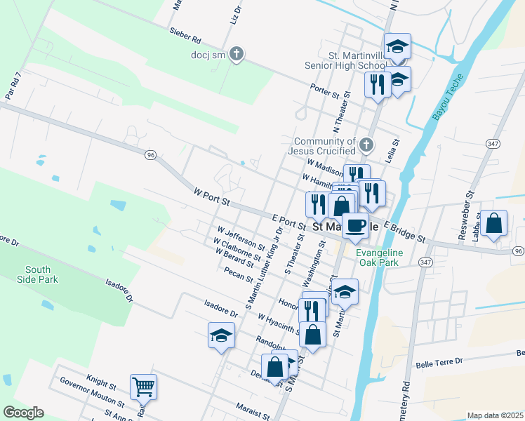 map of restaurants, bars, coffee shops, grocery stores, and more near 426 West Port Street in Saint Martinville