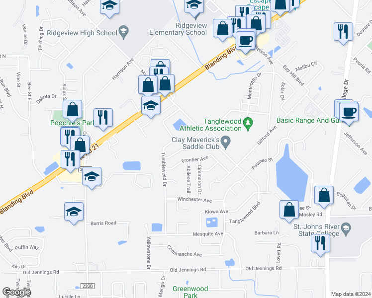 map of restaurants, bars, coffee shops, grocery stores, and more near 2796 Stagecoach Drive in Orange Park
