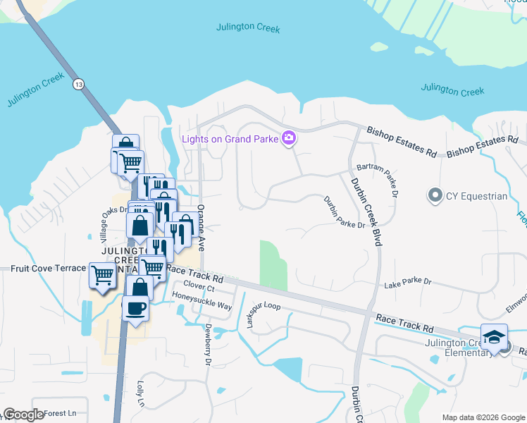 map of restaurants, bars, coffee shops, grocery stores, and more near 1108 Durbin Parke Drive in Jacksonville