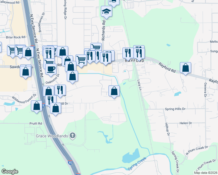 map of restaurants, bars, coffee shops, grocery stores, and more near 24011 Richards Road in Spring