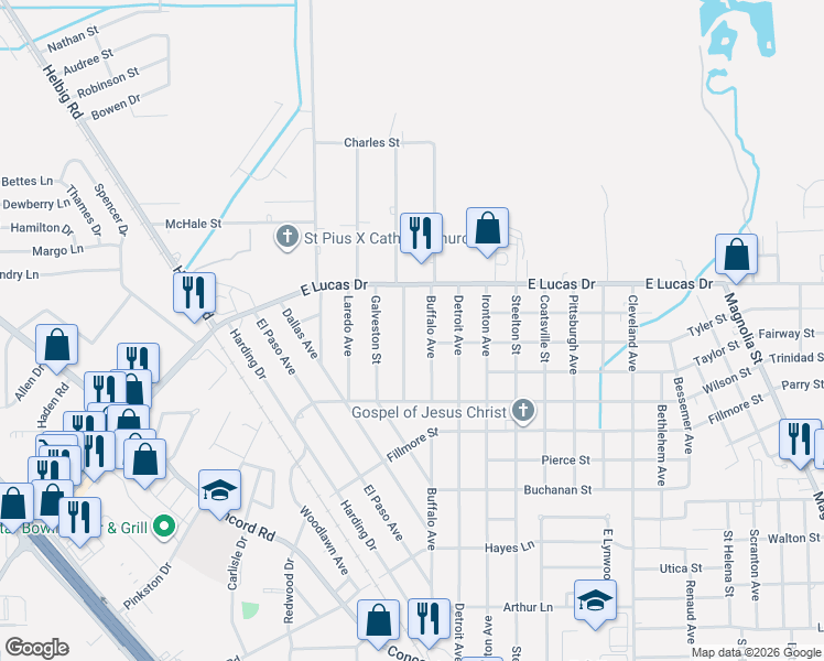 map of restaurants, bars, coffee shops, grocery stores, and more near 4775 Abilene Street in Beaumont