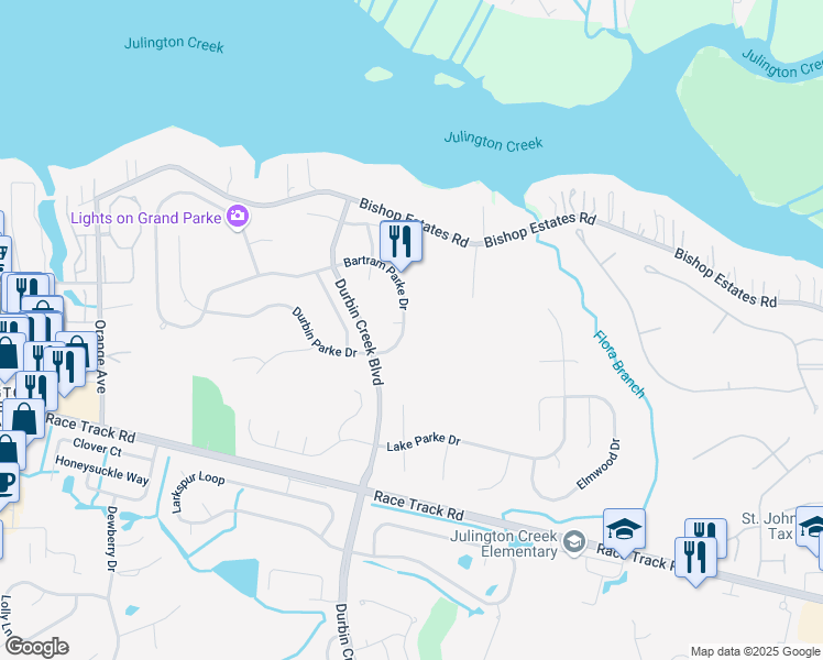 map of restaurants, bars, coffee shops, grocery stores, and more near 133 Bartram Parke Drive in Jacksonville