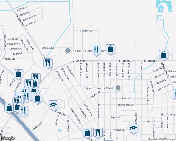 map of restaurants, bars, coffee shops, grocery stores, and more near 4795 Galveston Street in Beaumont
