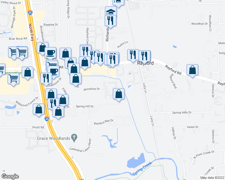 map of restaurants, bars, coffee shops, grocery stores, and more near 24011 Richards Road in Spring