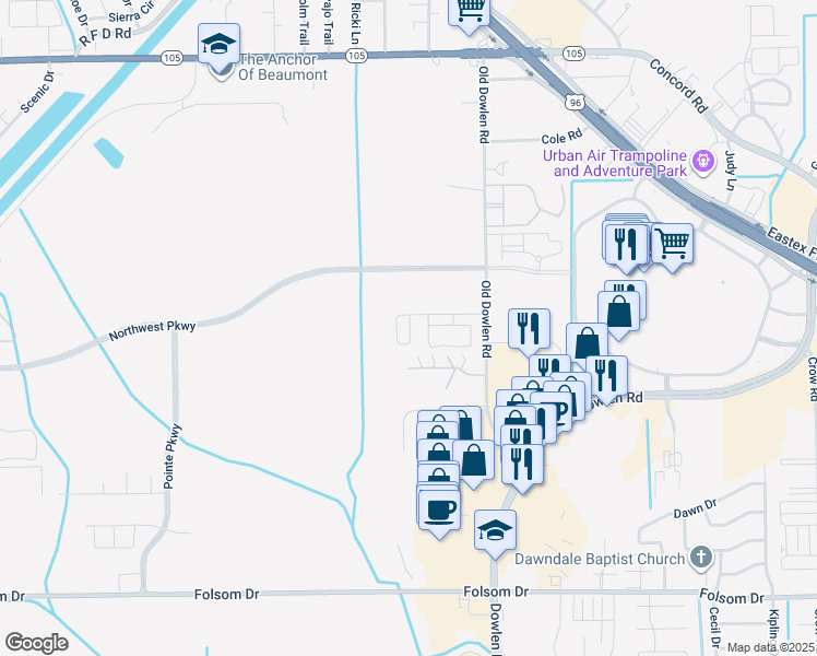 map of restaurants, bars, coffee shops, grocery stores, and more near 4075 Old Dowlen Road in Beaumont