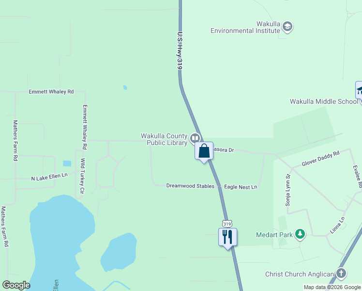 map of restaurants, bars, coffee shops, grocery stores, and more near 503 Emmett Whaley Road in Crawfordville