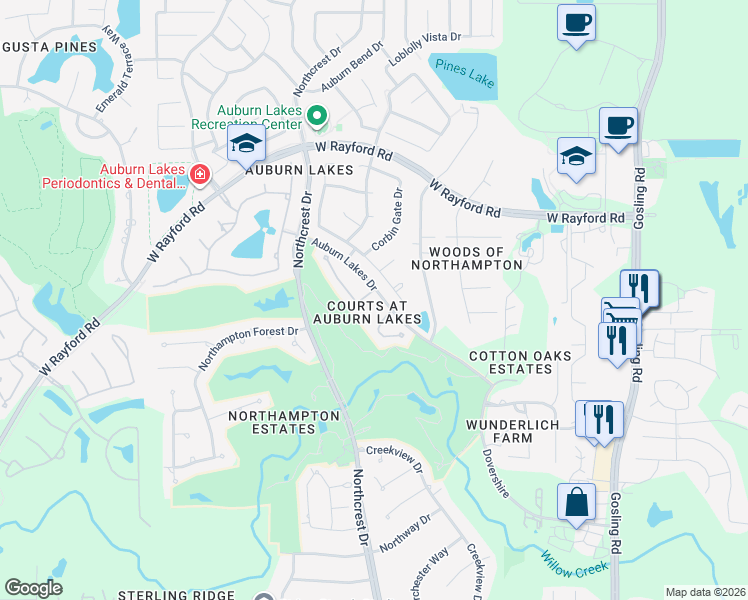 map of restaurants, bars, coffee shops, grocery stores, and more near 6331 Holden Mills Drive in Spring