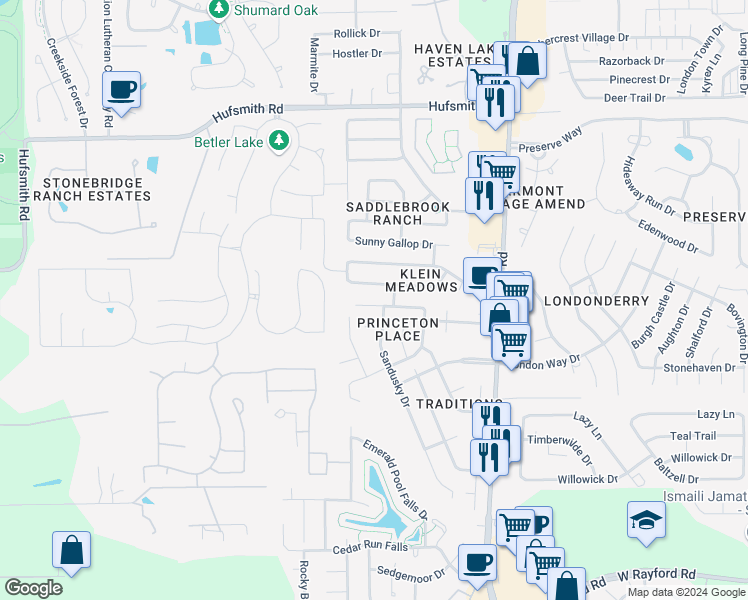 map of restaurants, bars, coffee shops, grocery stores, and more near 8718 Cedar Walk Drive in Tomball