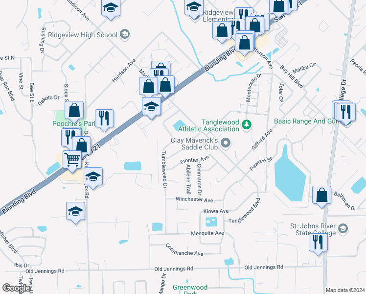 map of restaurants, bars, coffee shops, grocery stores, and more near 2800 Stagecoach Drive in Orange Park