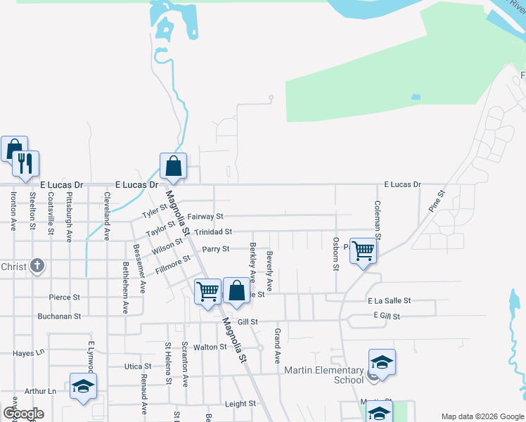 map of restaurants, bars, coffee shops, grocery stores, and more near 1610 Fairway Street in Beaumont