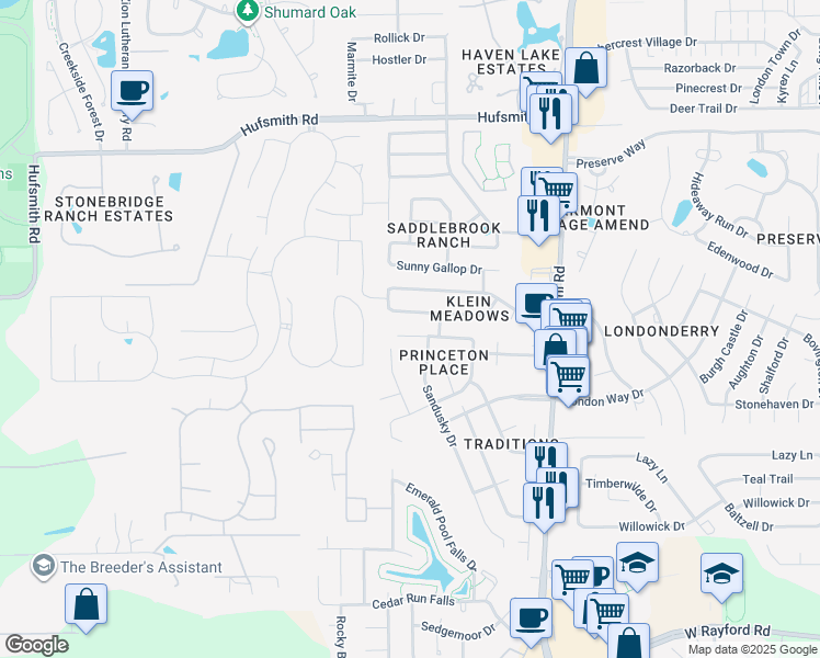 map of restaurants, bars, coffee shops, grocery stores, and more near 8743 Sorrel Meadows Drive in Tomball