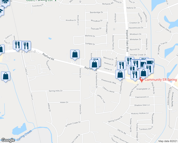 map of restaurants, bars, coffee shops, grocery stores, and more near 1702 Rayford Road in Spring