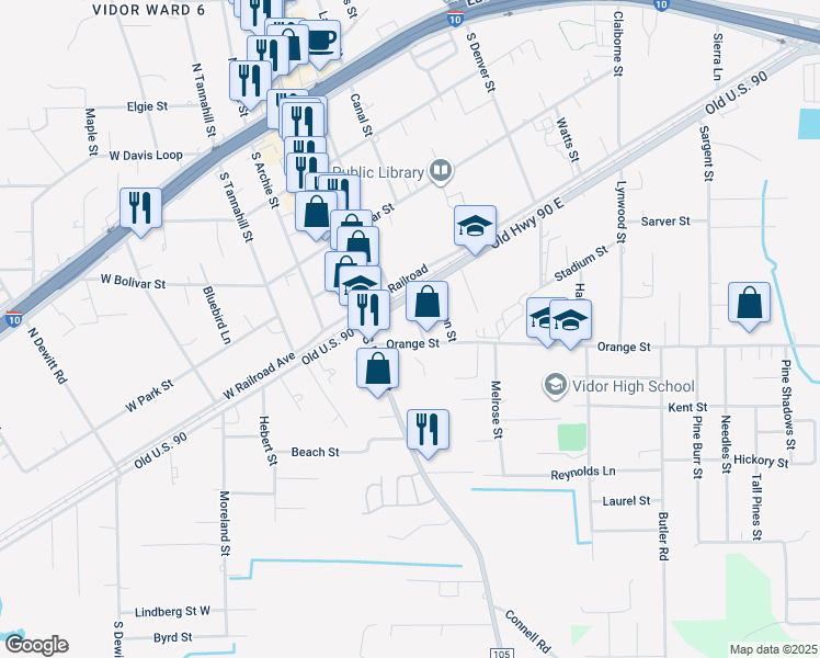 map of restaurants, bars, coffee shops, grocery stores, and more near 160 Peach Street in Vidor