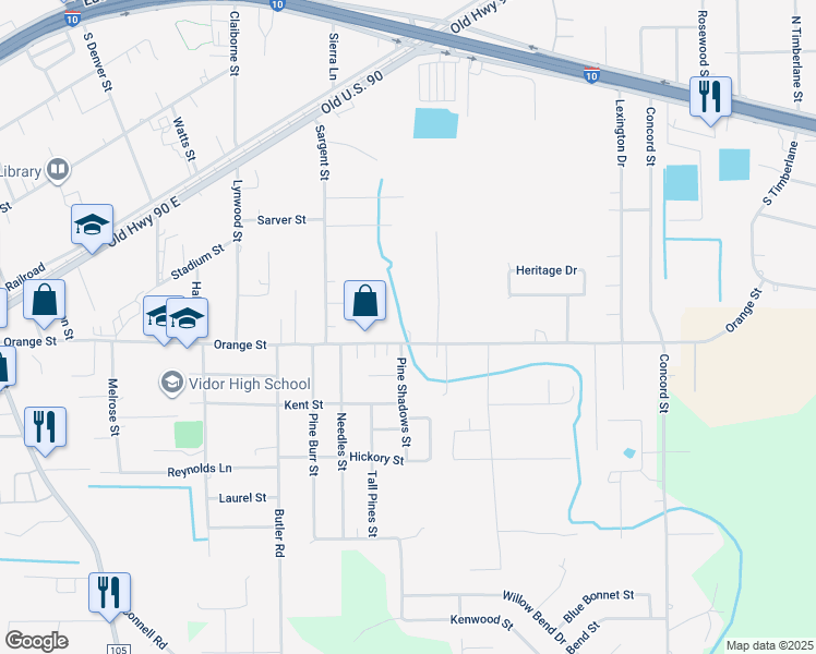 map of restaurants, bars, coffee shops, grocery stores, and more near 1145 Orange St in Vidor