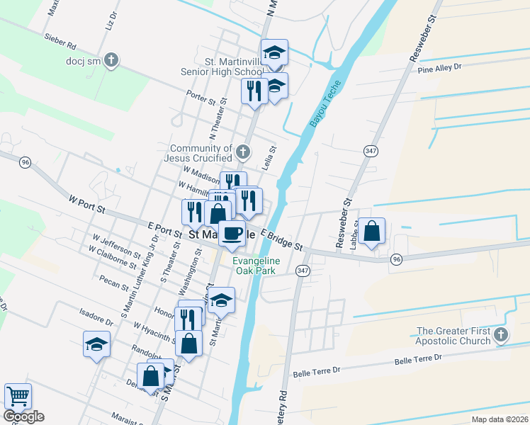 map of restaurants, bars, coffee shops, grocery stores, and more near 201299 East Hamilton Street in Saint Martinville