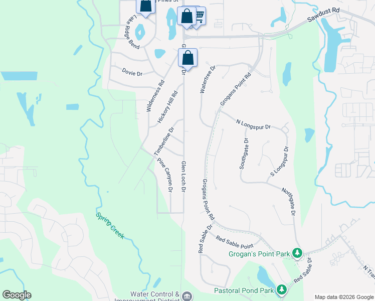 map of restaurants, bars, coffee shops, grocery stores, and more near 24610 Glen Loch Drive in Spring