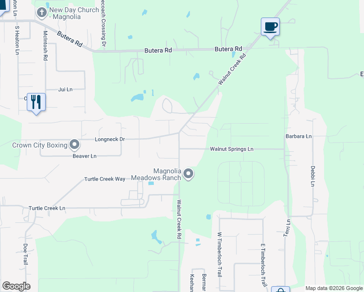 map of restaurants, bars, coffee shops, grocery stores, and more near 16526 Walnut Springs Lane in Magnolia