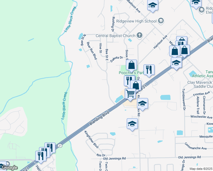 map of restaurants, bars, coffee shops, grocery stores, and more near 3214 Bear Run Boulevard in Orange Park