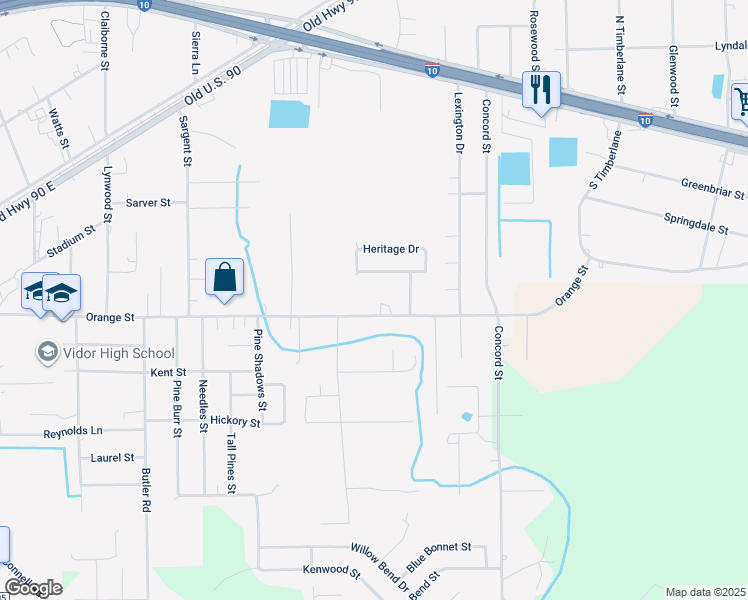 map of restaurants, bars, coffee shops, grocery stores, and more near 1355 Orange Street in Vidor