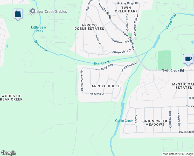 map of restaurants, bars, coffee shops, grocery stores, and more near 506 Sendero Verde Street in Manchaca