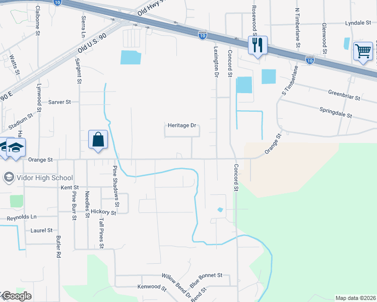 map of restaurants, bars, coffee shops, grocery stores, and more near 5 Heritage Drive in Vidor