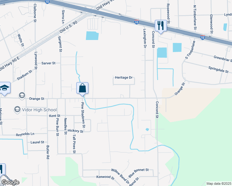 map of restaurants, bars, coffee shops, grocery stores, and more near 1355 Orange Street in Vidor