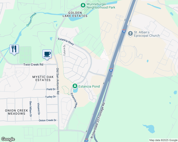 map of restaurants, bars, coffee shops, grocery stores, and more near 830 Camino Vaquero Parkway in Manchaca