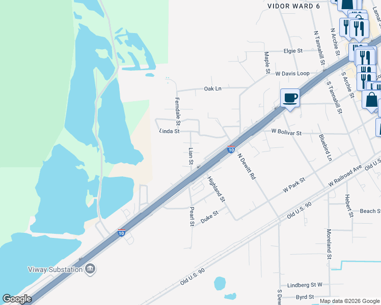 map of restaurants, bars, coffee shops, grocery stores, and more near 1001 Calvary Street in Vidor