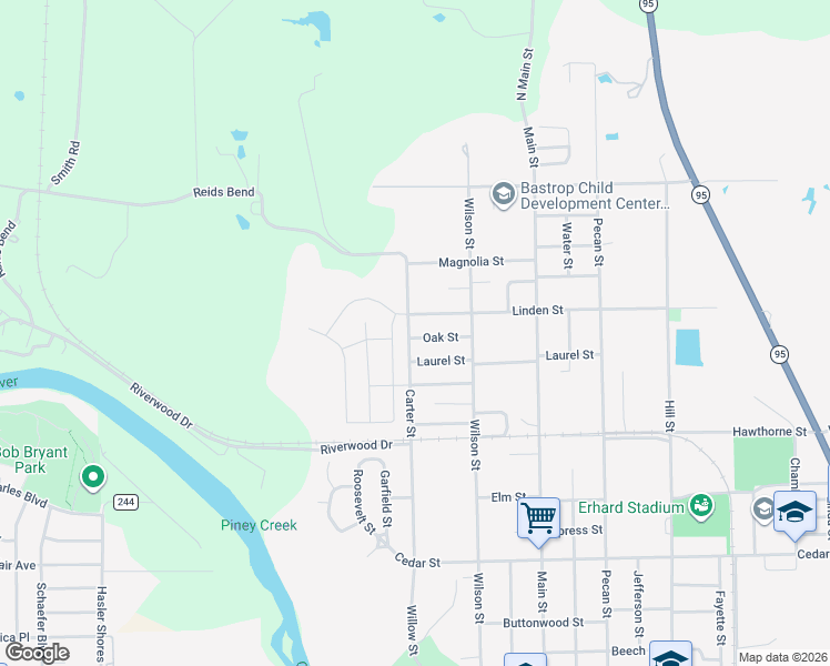 map of restaurants, bars, coffee shops, grocery stores, and more near 400 Oak Street in Bastrop