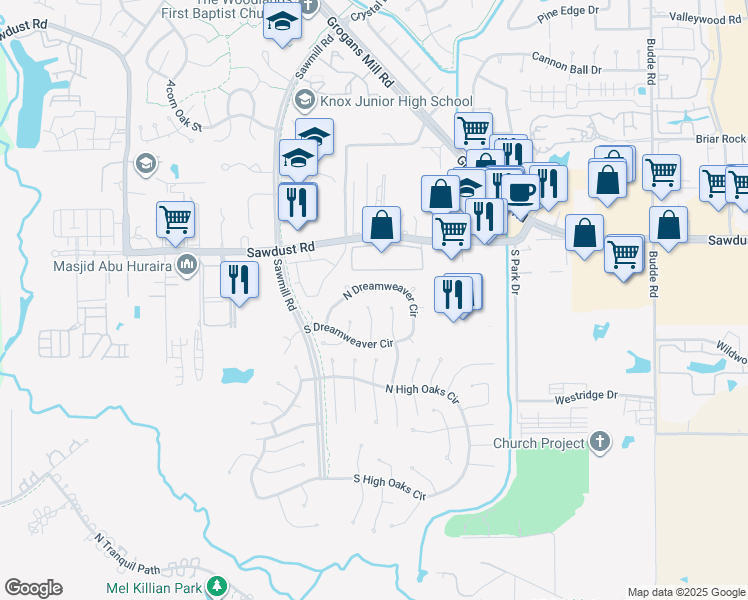 map of restaurants, bars, coffee shops, grocery stores, and more near 34 Evening Song Court in Spring