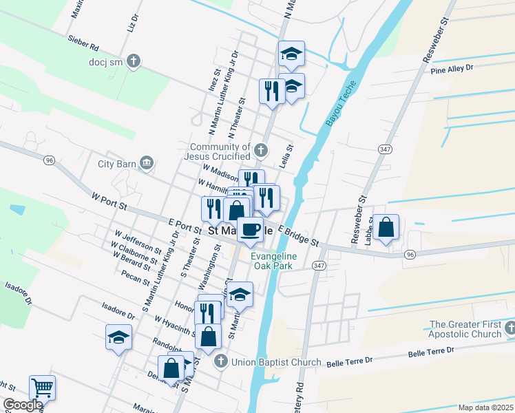 map of restaurants, bars, coffee shops, grocery stores, and more near 114 East Hamilton Street in Saint Martinville
