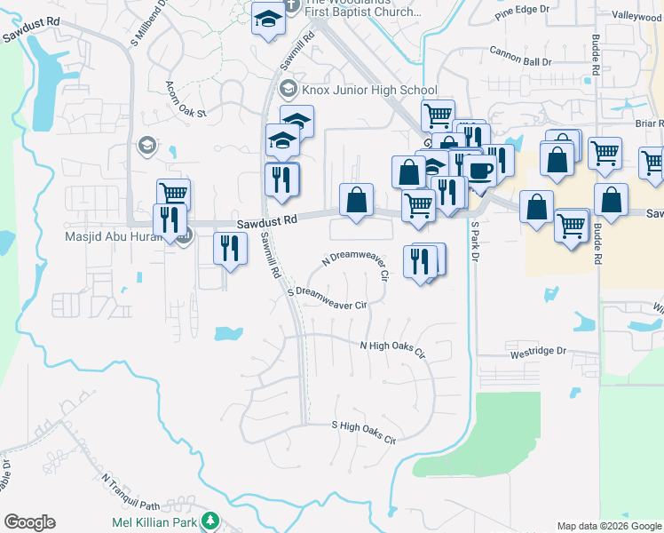 map of restaurants, bars, coffee shops, grocery stores, and more near 202 North Dreamweaver Circle in Spring