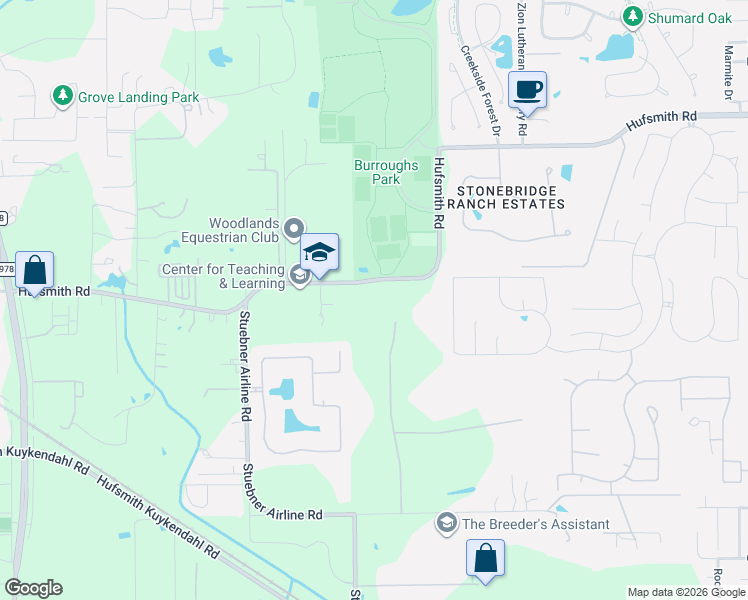 map of restaurants, bars, coffee shops, grocery stores, and more near 10423 Hufsmith Road in Tomball