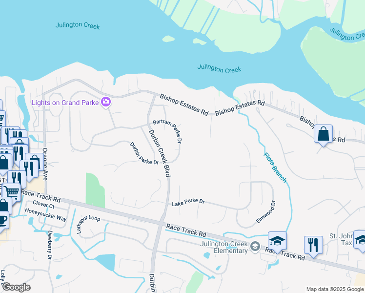map of restaurants, bars, coffee shops, grocery stores, and more near 133 Bartram Parke Drive in Jacksonville