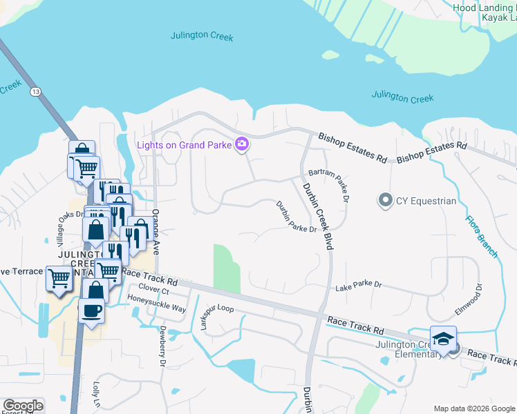 map of restaurants, bars, coffee shops, grocery stores, and more near 1076 Durbin Parke Drive in Jacksonville