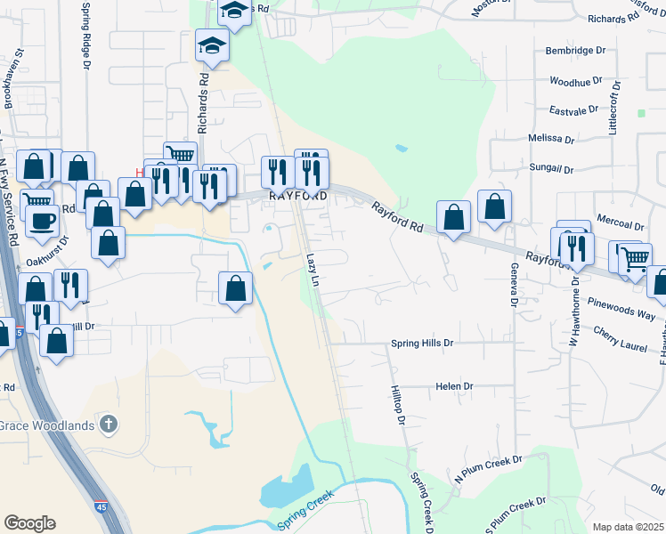 map of restaurants, bars, coffee shops, grocery stores, and more near 29836-29914 Lazy Lane in Spring
